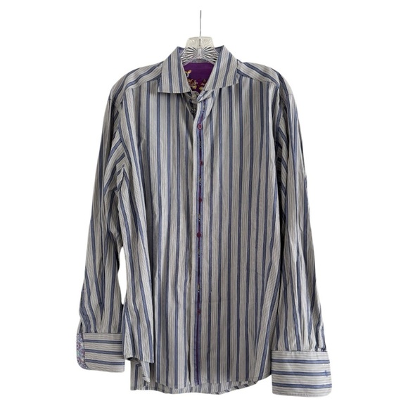 ROBERT GRAHAM Men Flip Cuff Long Sleeve Stripe Button Up SilkCotton Shirt-Size L - Picture 1 of 12